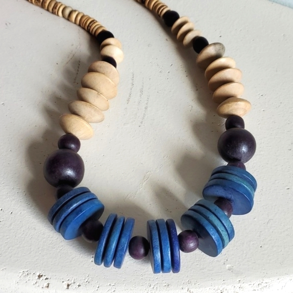 Blue Wooden Beaded Vintage Boho Necklace